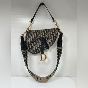 Auth DIOR/ChristianDior Saddlebags,Trotter - Navy Cream Jacquard Leather Handbag